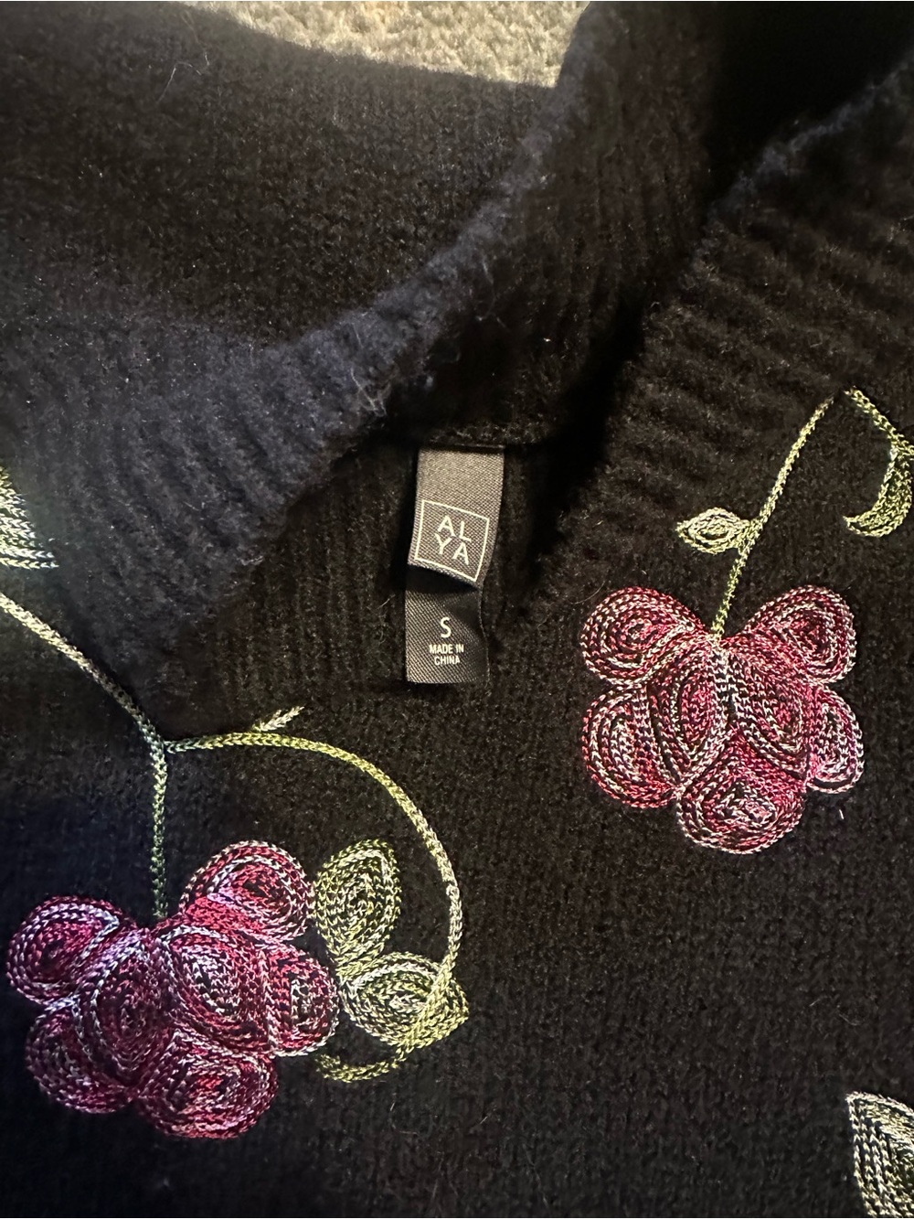 Alya Black Sweater with Pink & Green Floral Embroidery